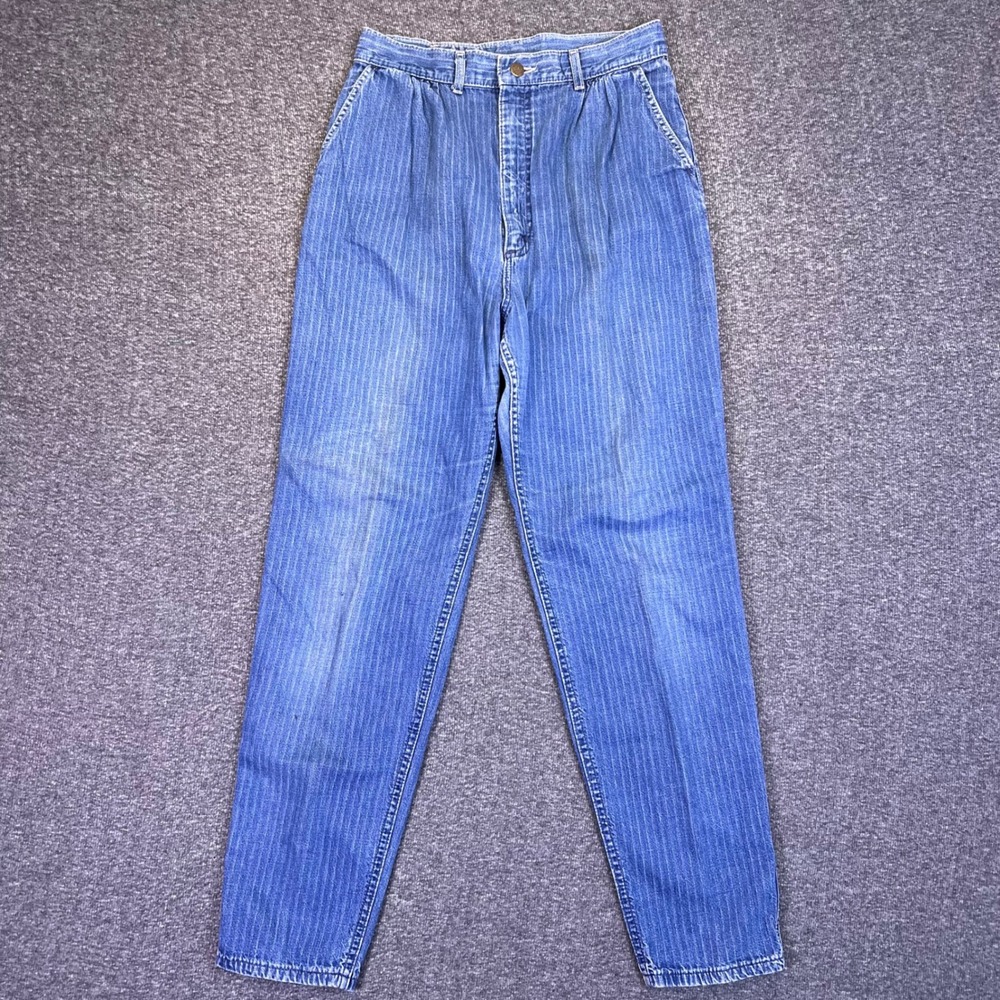 VTG 80s Lee Jeans Women 28x30 Blue Railroad Pinstripe High Rise Tapered USA Made